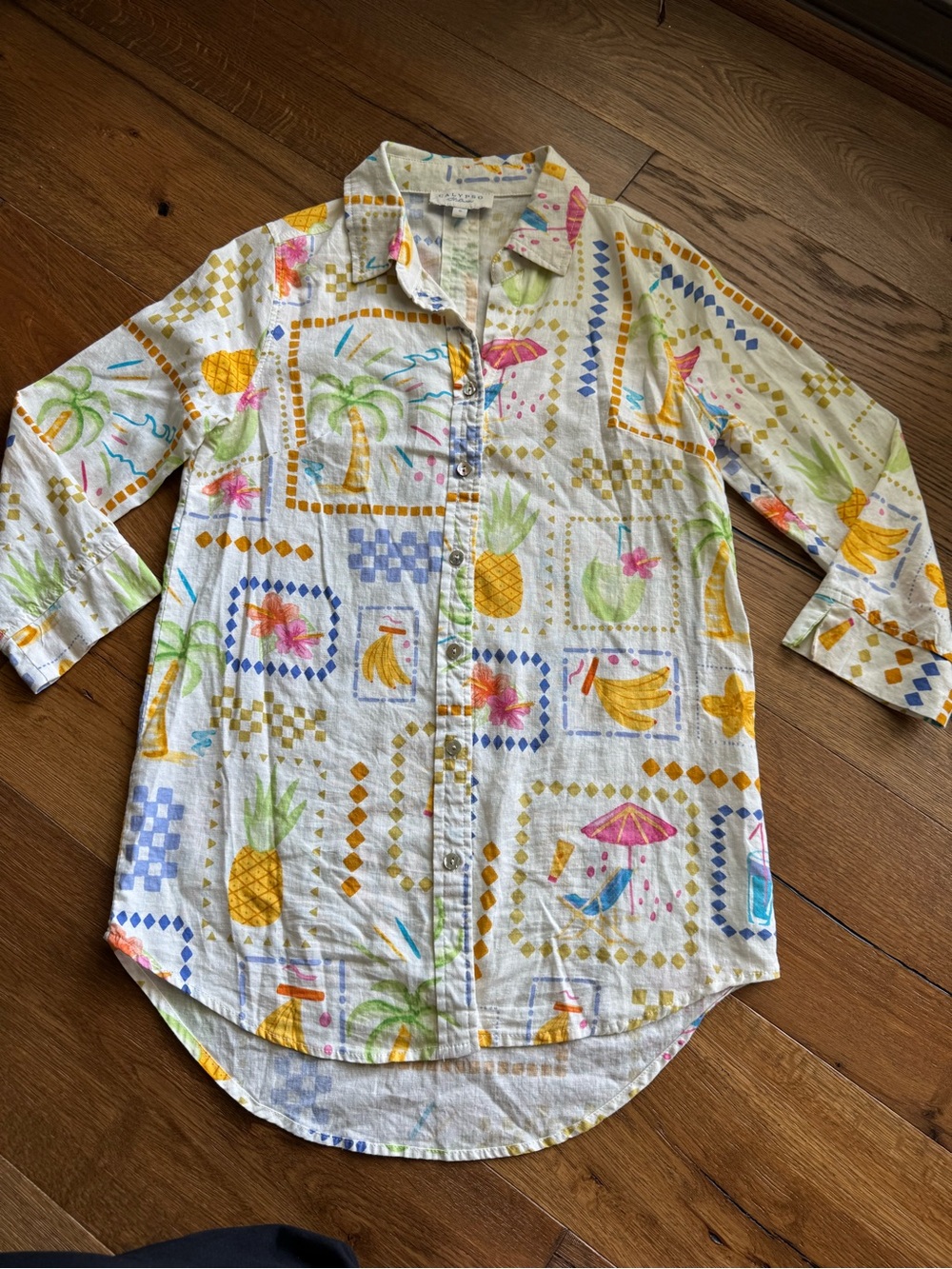 Calypso St. Barth White Tropical Print Shirt Linen Blend Vacation Island Beach